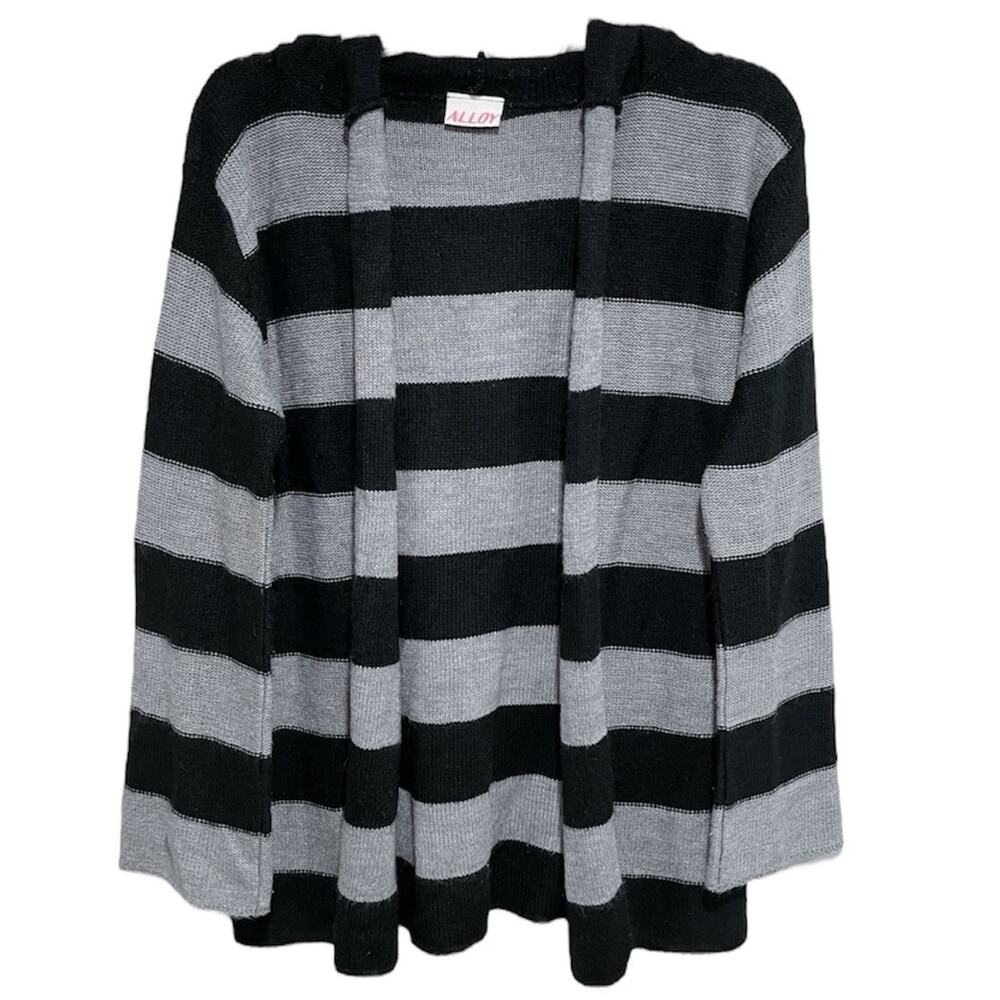 Y2K Alloy Womens Striped Knit Hooded Cardigan Sweater Size Large Black Gray